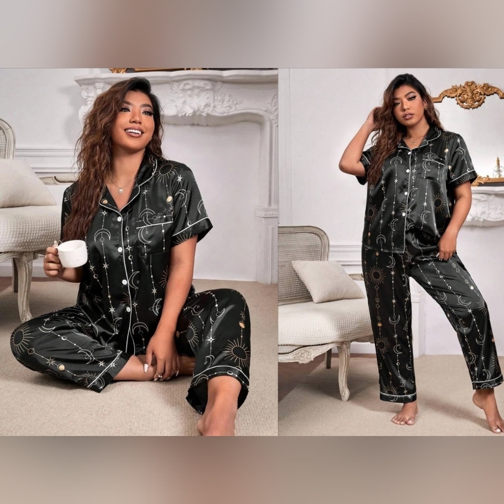 Black White Stars Moon Pajama pajama set elastic waist Satin 2x plus